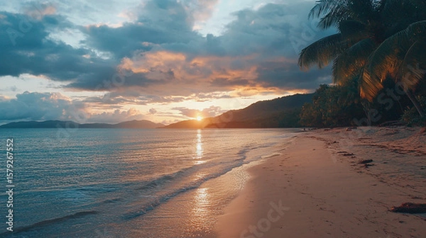 Fototapeta Tropical Seascape with a boat on sandy beach at, beach, ocean, clouds, waves, water, summer, landscape, nature, travel, horizon, coastline, evening