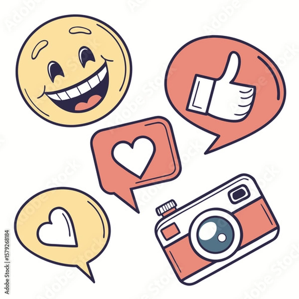 Obraz Collection of social media icons and a vintage camera in a playful doodle style