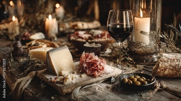 Fototapeta A rustic table set with artisan cheeses, prosciutto, olives, and a glass of red wine, surrounded by soft candlelight and wooden textures