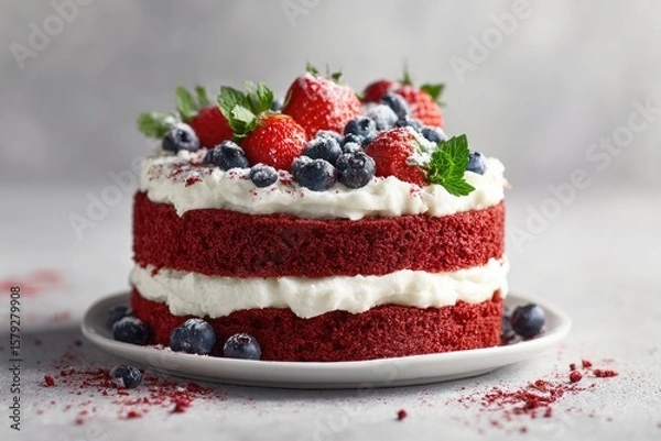 Obraz Two-layered red velvet cake adorned with fresh strawberries, blueberries, whipped cream, and mint; dusted with powdered sugar, presented on a white plate against a grey background