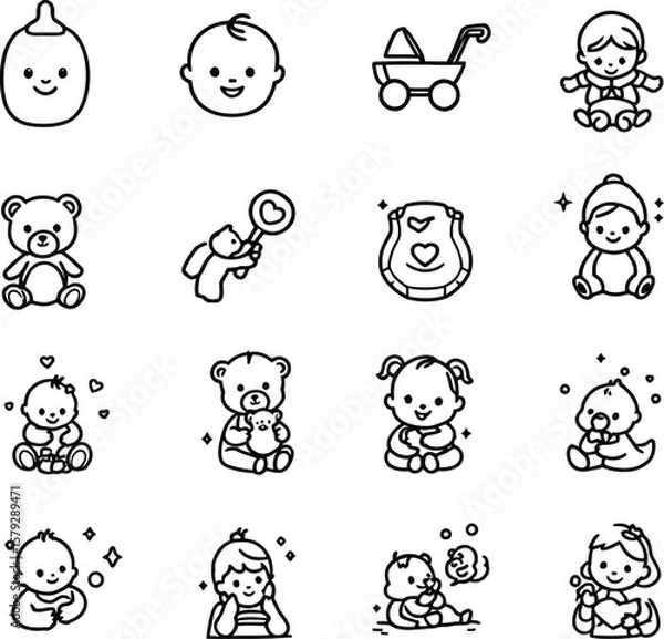 Fototapeta Baby Moments Grid  Monochrome Icon Set Featuring Bottles, Bears, Bibs, Sparkles, and Adorable Characters in Emotionally Rich Gestures