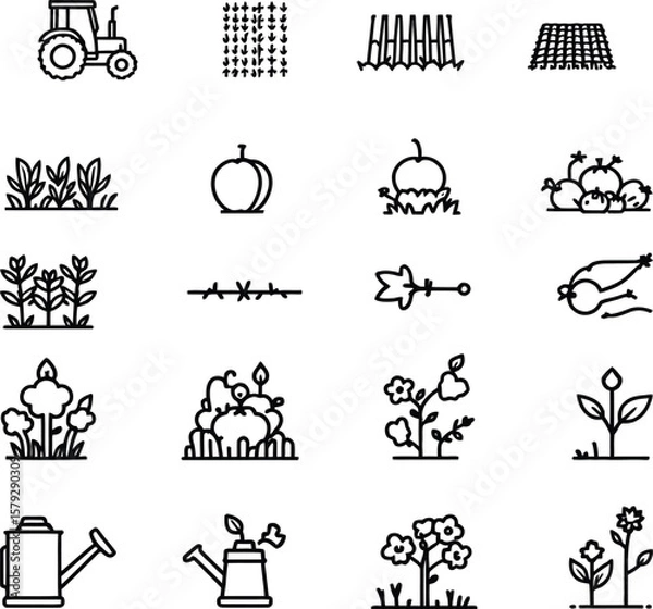 Fototapeta Agricultural Icons Grid  Monochrome Set Featuring Tractor, Fruit Trees, Crops, Tools, Fences, and Watering Cans in Farming & Gardening Motifs
