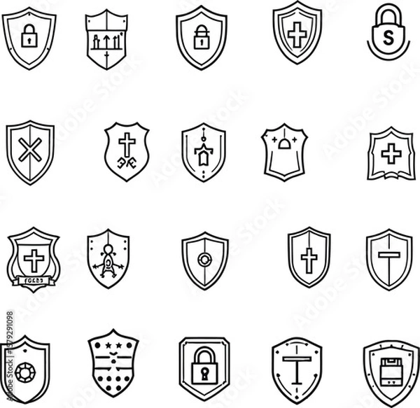 Fototapeta Emblems of Purpose  Monochrome Shield Grid Featuring Icons of Locks, Crosses, Arrows, Books, and Keys for Themes of Protection and Identity