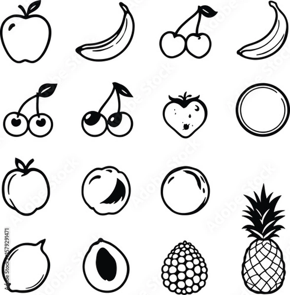 Fototapeta Fruit Silhouettes Grid  Monochrome Icons Featuring Apples, Bananas, Cherries, Peaches, Lemons, Berries, and Tropical Slices in Simple Style