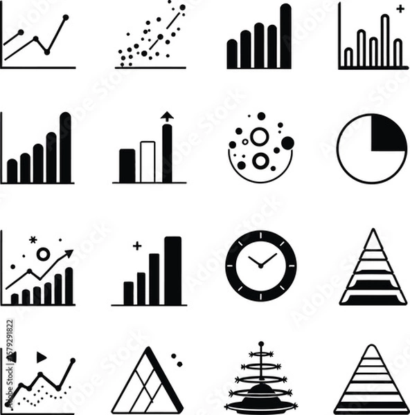 Fototapeta Data Forms & Patterns  Monochrome Icon Grid Featuring Graphs, Charts, Triangles, Diagrams, and Visual Symbols in Analytical Design Playbook