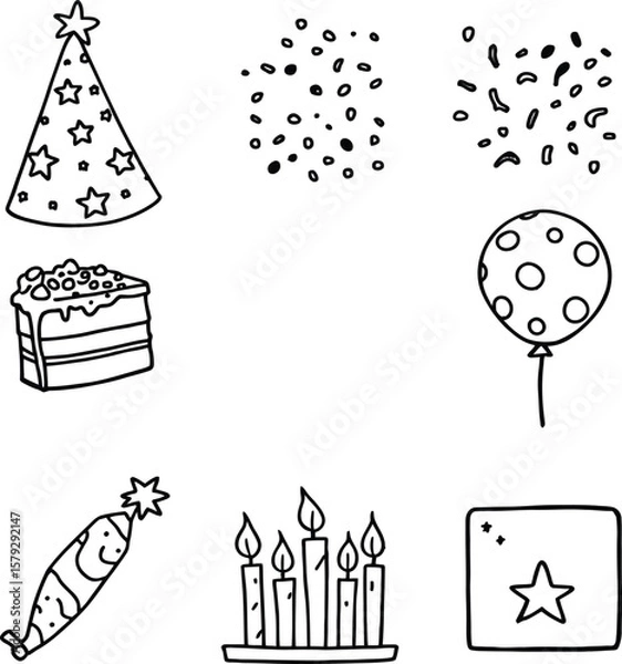 Fototapeta Party Essentials Grid  Monochrome Icons Featuring Confetti, Cake Slice, Balloons, Candles, Star Hat, and Popper for Celebratory Themes