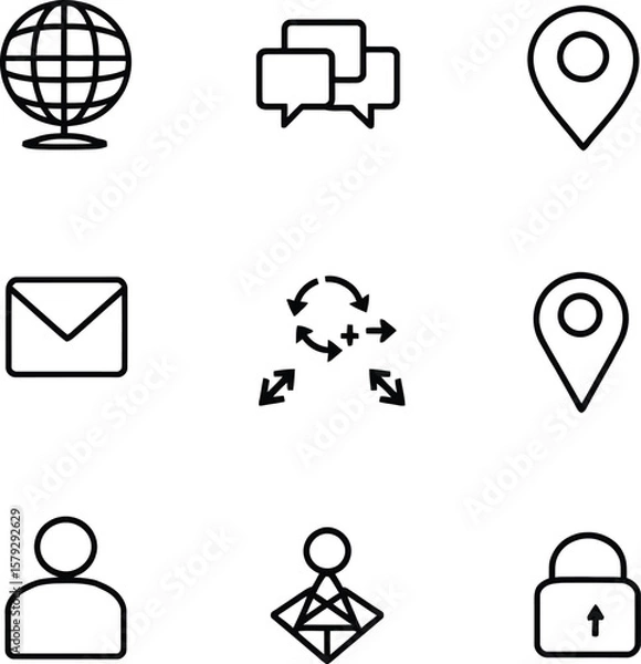 Fototapeta Communication & Access Grid  Monochrome Icons Featuring Globe, Speech Bubbles, Location Pins, Person, Envelope, Lock, and Interface Symbols