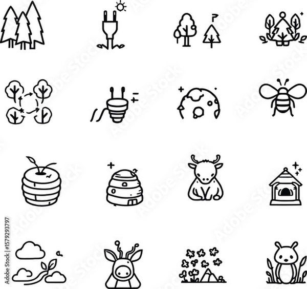 Fototapeta Whimsical Nature & Habitat Grid  Monochrome Icons Featuring Solar Plug, Bee, Cow, Giraffe, Tree Cycles, Flowers, Planet, and Eco Shelters
