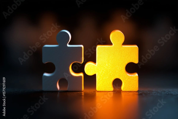 Fototapeta Two interlocking puzzle pieces, one human-shaped, the other glowing with opportunity 
