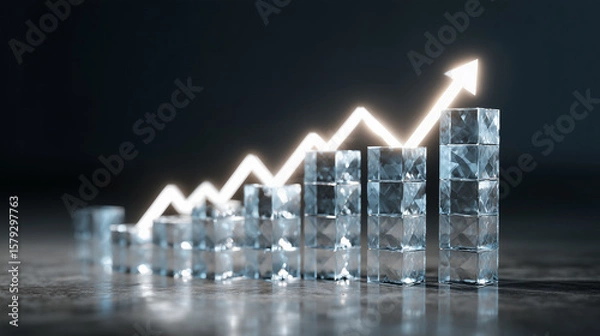 Fototapeta A rising bar graph made from crystal pillars with glowing upward arrows 
