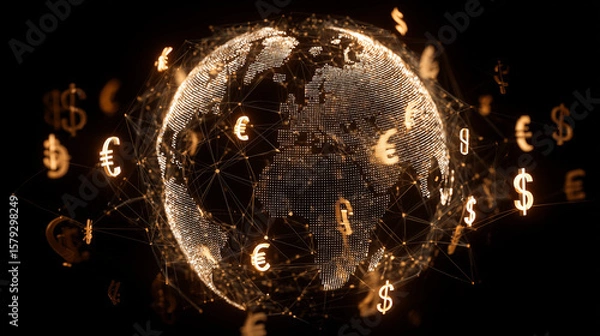 Fototapeta Web of glowing currency symbols (€, $, ¥, £) connecting around a central globe