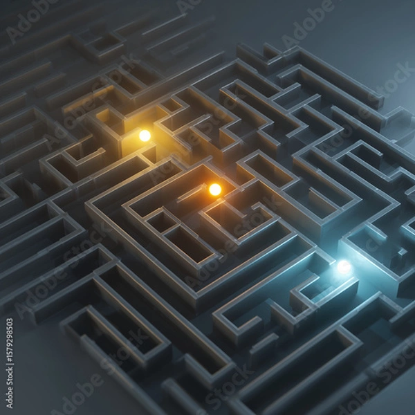 Fototapeta Minimalist maze with three glowing dots racing toward the center 
