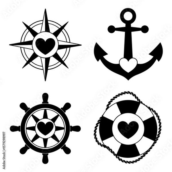Fototapeta Marine heart icon set of anchor and compass vector.