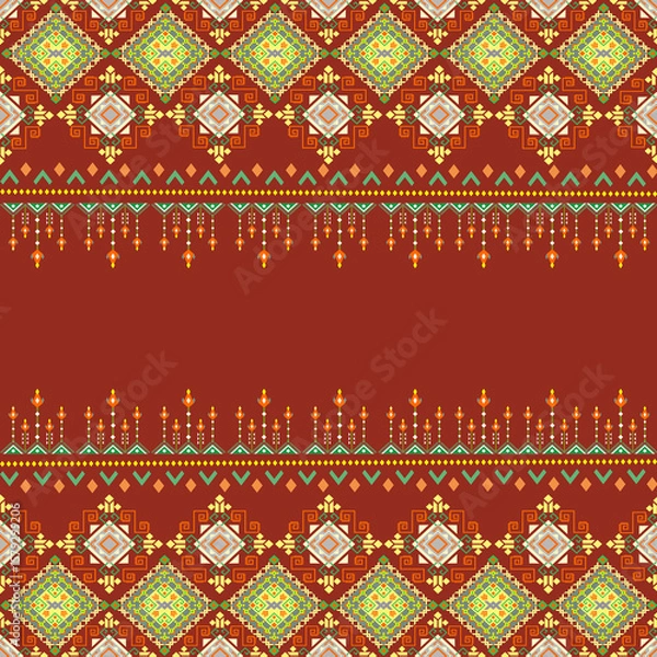 Obraz Traditional Navajo-Inspired Geometric Textile Pattern with Retro Tribal Motifs on Deep Red Decorative Background