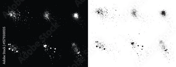 Fototapeta Bloodstain set of paint brush stroke drip splatter and black and white vector grunge template background set. Ink grunge blood vector brush stroke black and white paint splatter blots background set