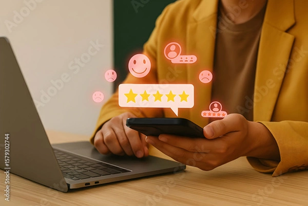 Obraz Customer Giving Five Star Rating on Mobile App Online Review and Feedback System