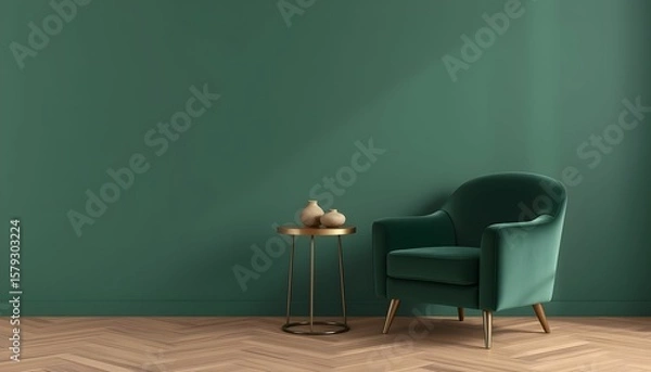 Fototapeta Emerald green velvet armchair with gold legs, small gold table, and decorative items against a green wall.