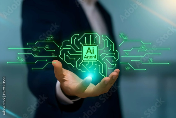 Fototapeta AI Agent Technology in Business Hand Representing Artificial Intelligence Network System Innovation