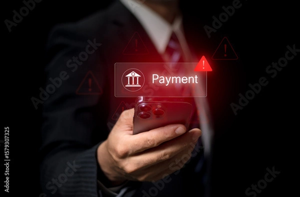 Fototapeta Online payment fraud warning during mobile transaction as man uses credit card and smartphone for digital banking, facing potential fraud, phishing, and cybersecurity threats in financial transactions