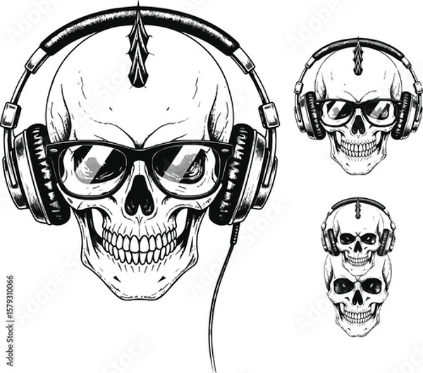 Obraz Stylish Skull with Headphones and Sunglasses Punk Rock Design Vector Illustration.