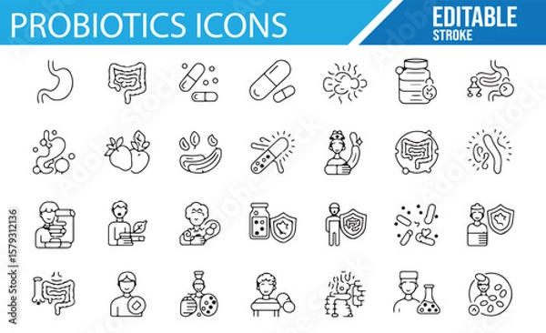 Obraz Digital Probiotics Icons Set for Health and Wellness Projects, Editable Stroke