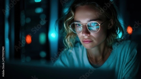 Fototapeta Focused female system administrator in neon-lit tech environment