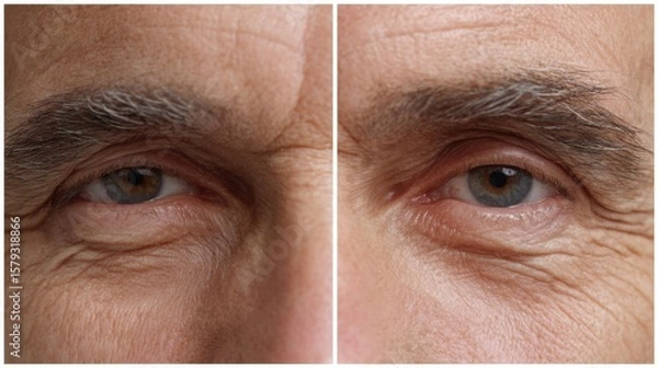 Fototapeta Senior man showing blepharoplasty effect on eyelids: before and after