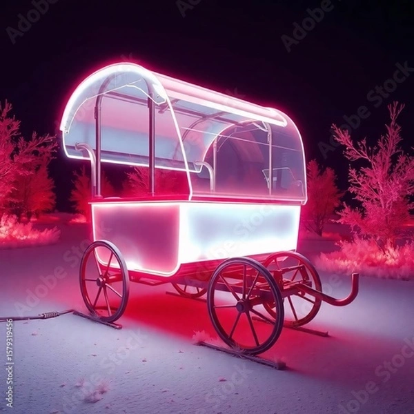 Obraz A surreal infrared photograph of a glowing bioluminescent cart, exhibiting an otherworldly appearance using natural light effects and vibrant glow within the infrared spectrum