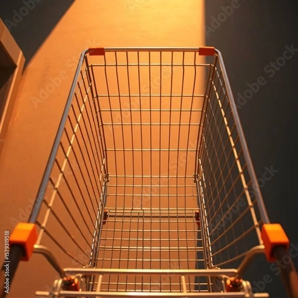 Obraz A warm golden hour light bathes a bird’s eye view of a shopping cart, showcasing a top-down perspective. Soft light, reminiscent of sunrise or sunset, casts gentle shadows