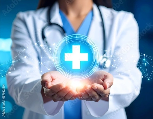 Fototapeta Conceptual image of a doctor cupped around a glowing, 3D digital hospital symbol. This image powerfully visualizes global medical collaboration and a world united by shared health data.
