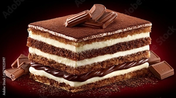 Fototapeta Rich chocolate cake with layers of cream and chocolate topping