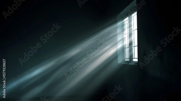 Fototapeta Sunbeams stream through window in a dark room creating light and shadow