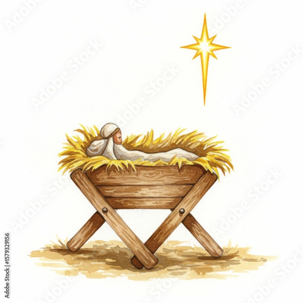 Obraz Watercolor Nativity Manger Scene with Shining Star on White Background. 8k.