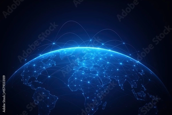 Fototapeta Global digital network connecting continents with blue light lines and nodes on a dark background