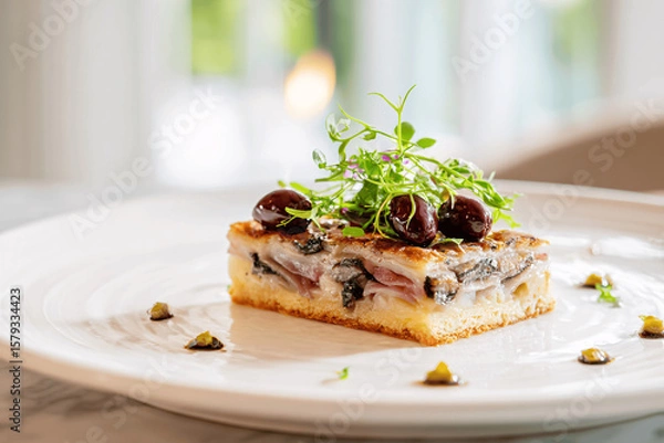 Fototapeta Elegant Provençal pissaladière tart with onions and anchovies