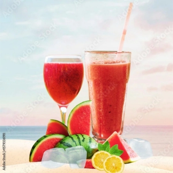 Obraz Watermelon juice is rich in water  about 90%, so it is very good for body hydration cocktail on the beach
