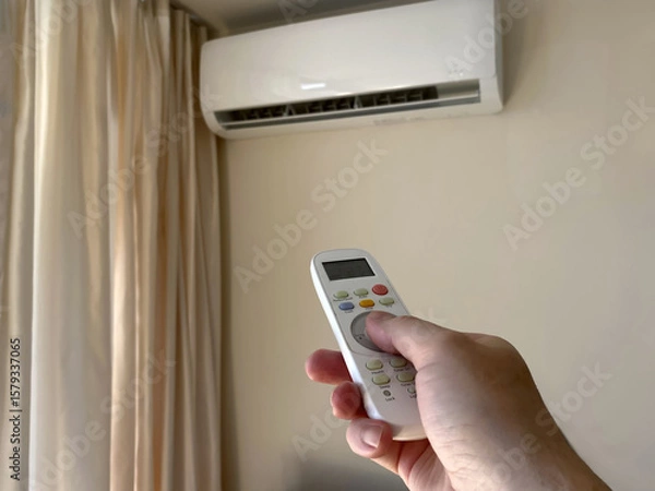 Fototapeta Close-up a man's hand turns on an air conditioner using a remote control in an apartment or house.