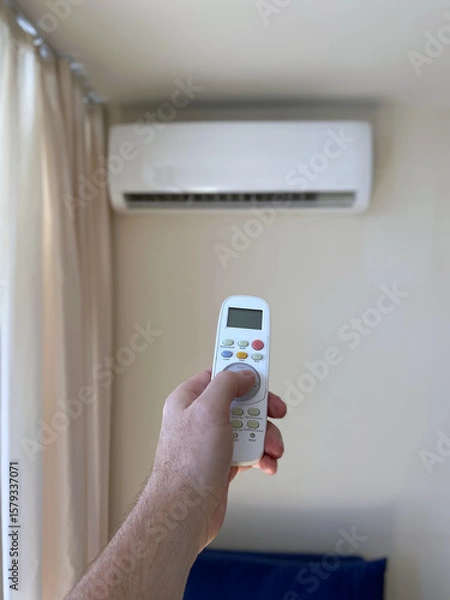 Fototapeta A man's hand turns on an air conditioner using a remote control in an apartment or house.