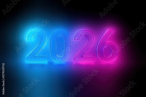 Fototapeta Neon blue and pink 2026 New Year glowing text on black background