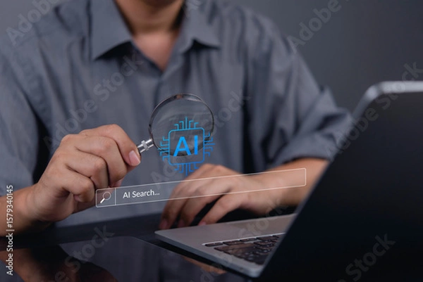 Fototapeta AI search with a magnifying glass laptop, data analysis and smart information. artificial intelligence, machine learning, and future technology. Concept solutions, automated generation search engines.