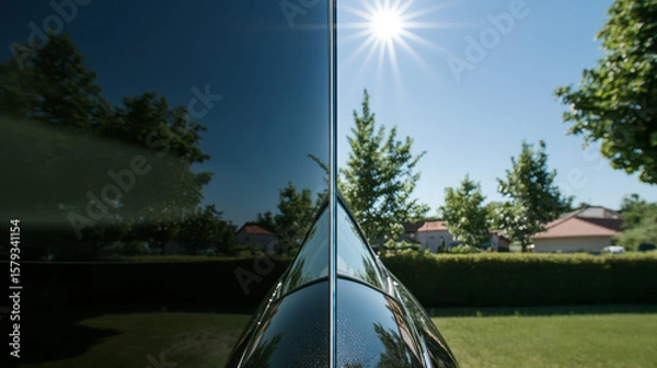 Obraz Innovative window combines privacy tint with transparent vision. Sunlight gleams on clear glass, reflecting trees and sky.