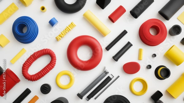 Fototapeta Vibrant abstract shapes and elements on a clean white background. Various colorful objects are randomly arranged, forming an eye-catching pattern.