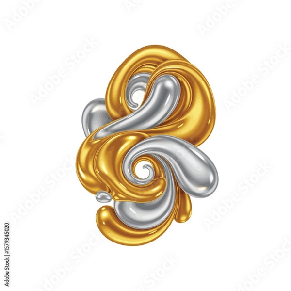 Obraz Abstract gold and silver liquid swirls 3D render metallic shiny luxury elegant modern art design element decorative background texture illustration