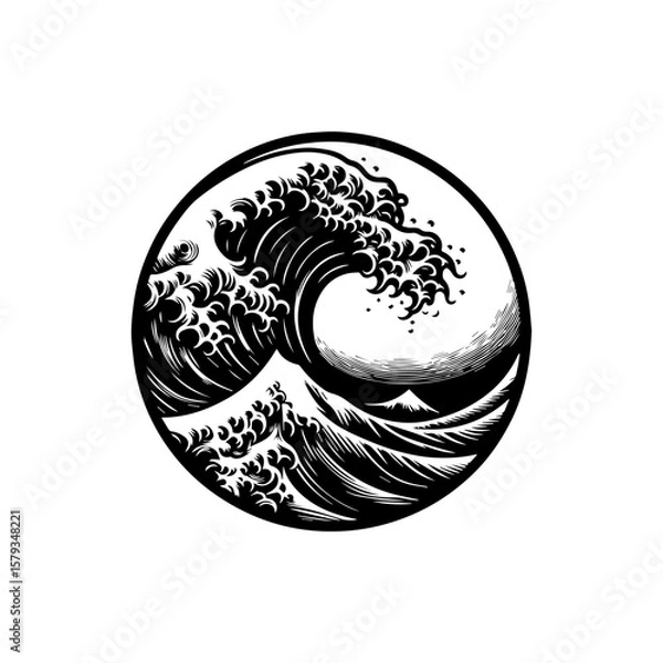Fototapeta Iconic Japanese Wave Art Depicting a Powerful Ocean Scene in a Circle.