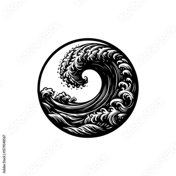Fototapeta Circular Wave Cresting with Intricate Foam Detail in Black and White Graphic.