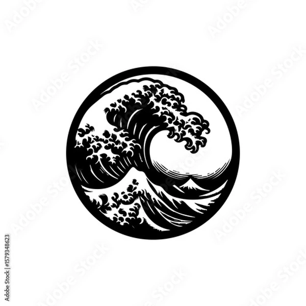 Fototapeta Black and white stylized wave cresting over a mountain peak in a circle.