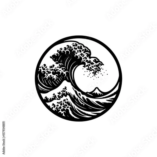 Fototapeta Black and White Japanese Wave Art in Circular Frame with Mountains.