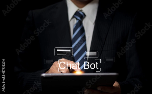 Fototapeta Businessman using a digital chatbot on a tablet for automated customer service and AI-powered business communication