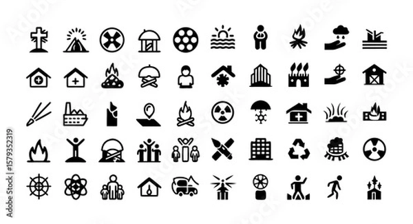 Fototapeta War Consequences Line Icon Set – Thin Linear Vector Pictograms of Destruction, Displacement, Humanitarian Crises, Refugee Camp, Mass Migration, Power Outage, Graveyard, and Orphan Child
