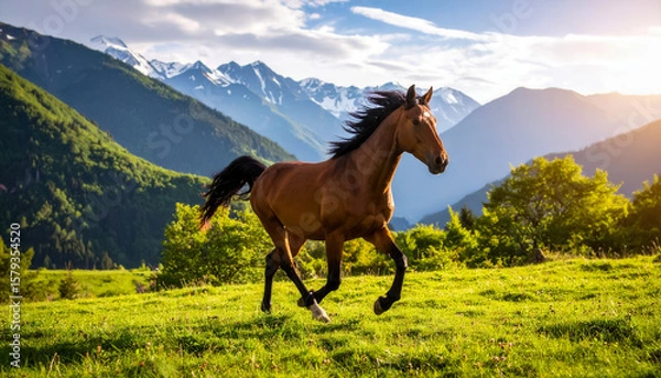 Fototapeta A horse is running in the mountains 